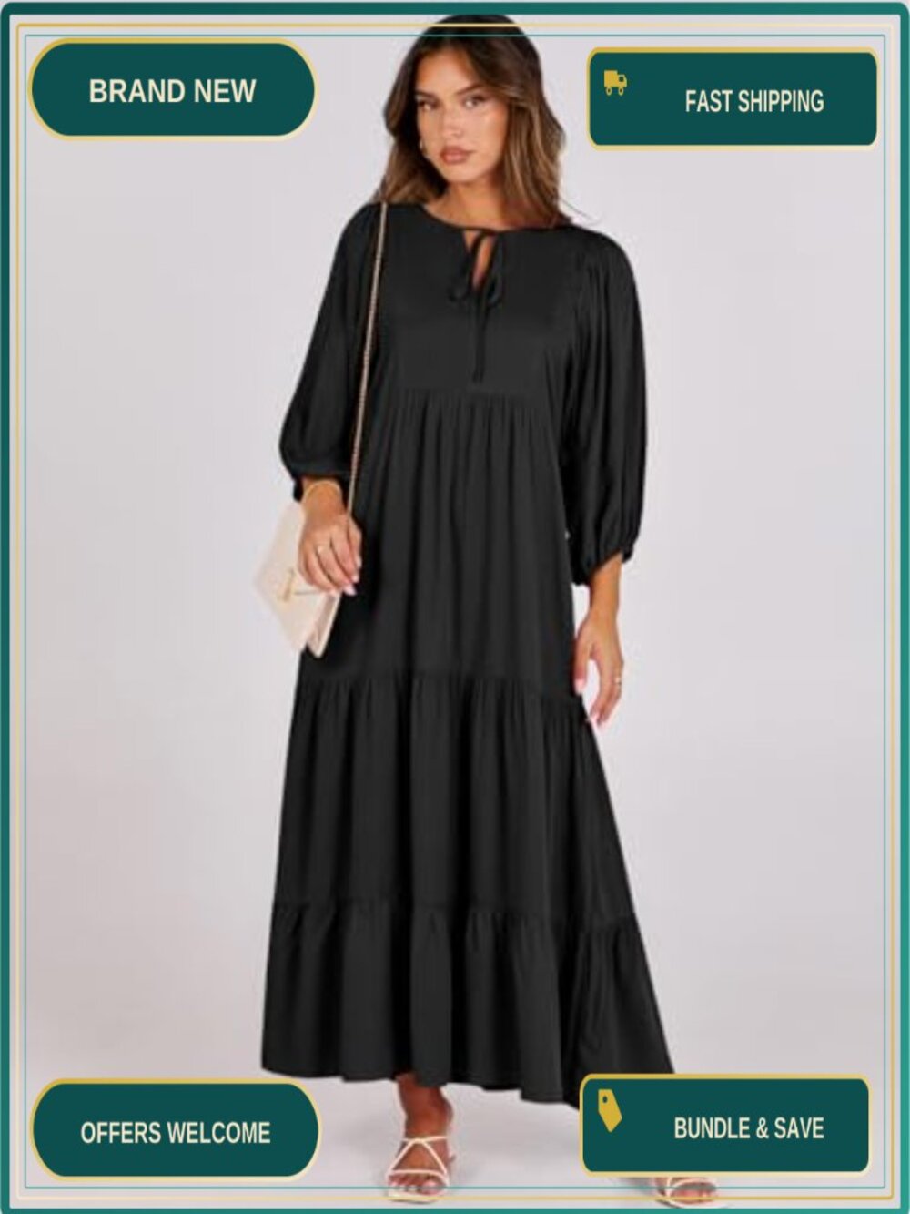 Womens Boho Floral Maxi Dress Long Sleeve Puff Sleeve Rayon A-Line V-Neck Tiered - Picture 5 of 6